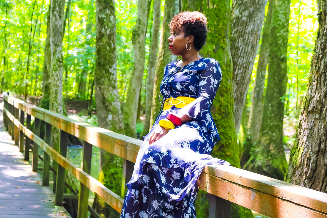 floral dress, yellow belt, wooden bangles, pop of color, nature 