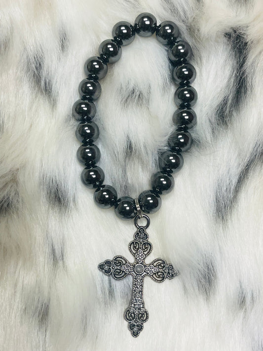 Cross Stretch Natural Hematite Bracelet