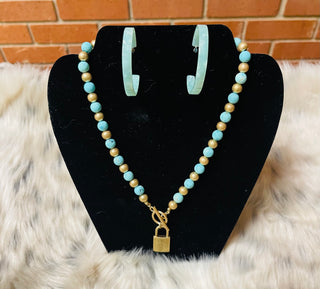 Turquoise & Gold Lock Necklace Set